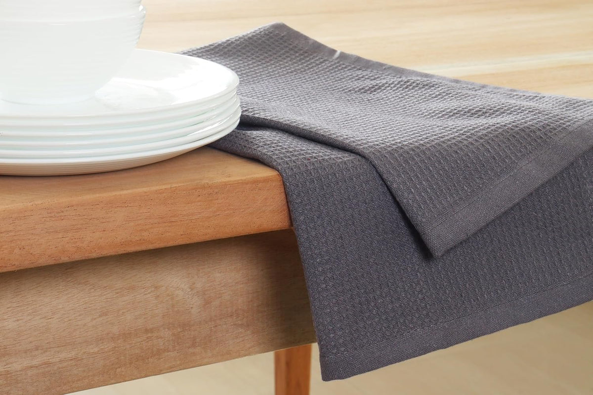 PurpleEssences Waffle Weave Kitchen Towel, 100% Cotton - 15 x 25 Inches, with Hanging Loop Ultra Soft Absorbent Quick Drying Dish Cloth, Tea and Hand Towels, 6 Pack - Spring Summer - Dark Grey