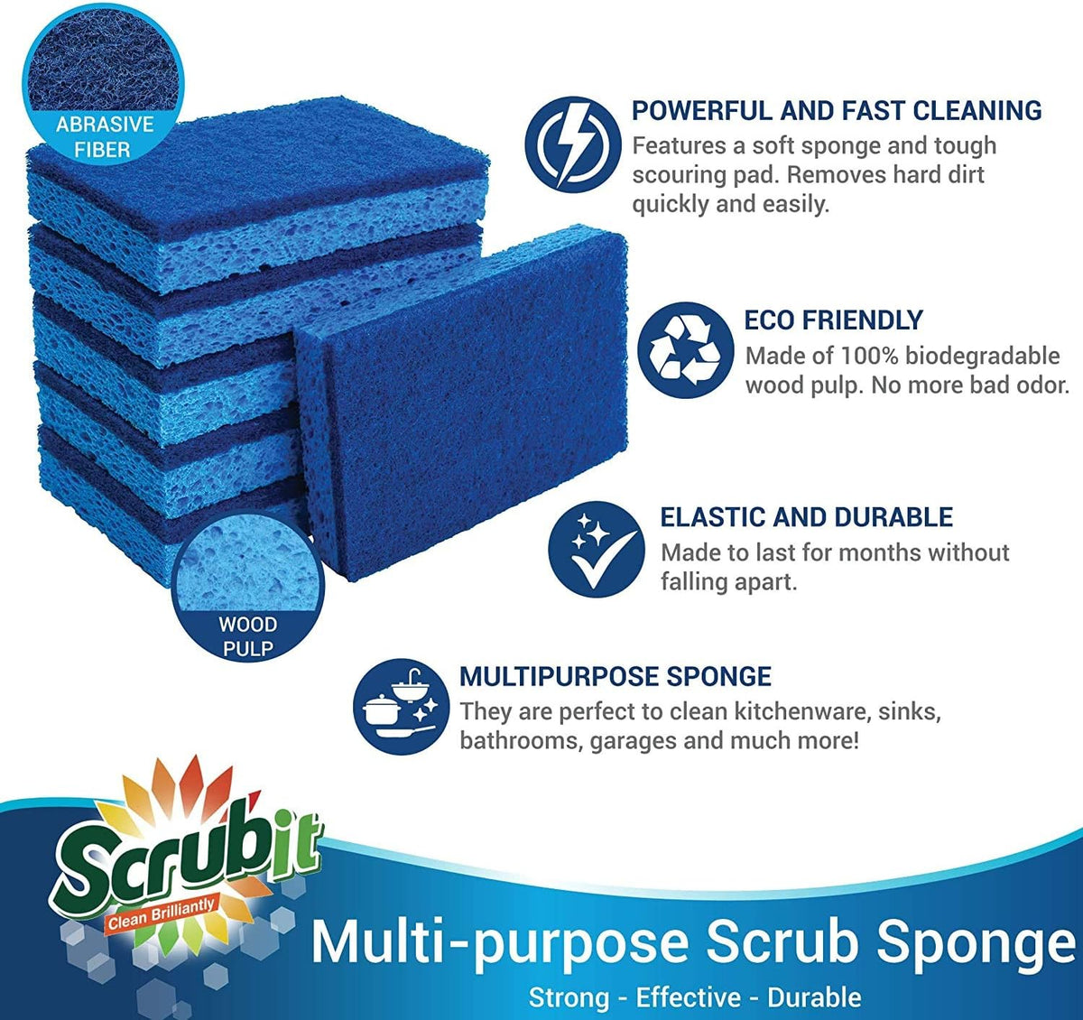 SCRUBIT Kitchen Scrub Sponges - Non-Scratch Dishwashing Sponge for Cleaning Dishes, pots and Pans - 12 Pack (Blue)