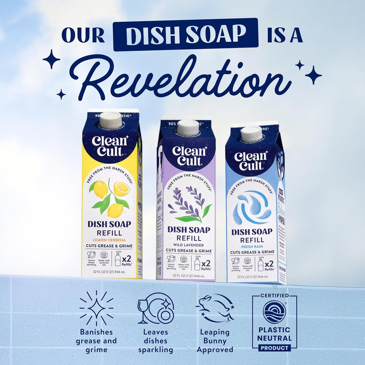 Cleancult Dish Soap Liquid Refill (32oz, 1 Pack) - Plant Based Cleaning Power - Dish Soap that Cuts Grease & Grime - Free of Harsh Chemicals - Uses 90% Less Plastic - Wild Lavender
