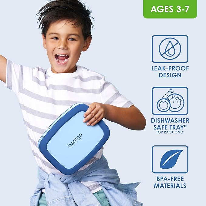 Bentgo Kids Bento-Style 5-Compartment Leak-Proof Lunch Box - Ideal Portion Sizes for Ages 3 to 7 - Durable, Drop-Proof, Dishwasher Safe, PFAS & BPA-Free & Made with Food-Safe Materials (Blue)
