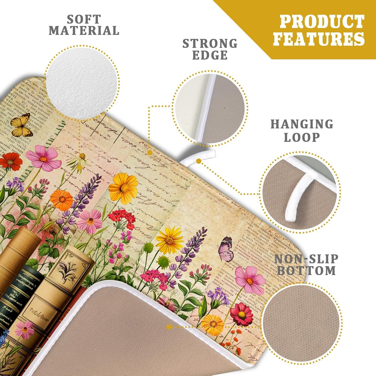 Colorful Books Kitchen Drying Mat - Watercolor Floral Drying Matt Kitchen Counter 16 X 18 In