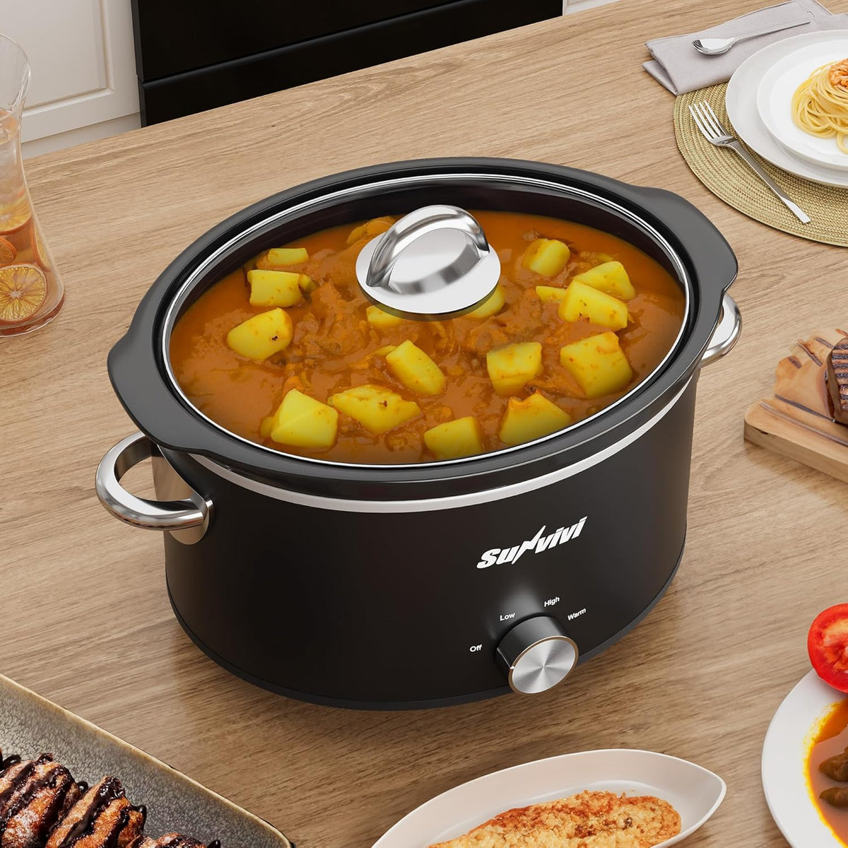 Sunvivi Small Slow Cooker 4QT, Mini Food Warmer with 3 Heating Settings, Removable Ceramic Pot, Dishwasher Safe Glass Lid, Stainless Steel, Black