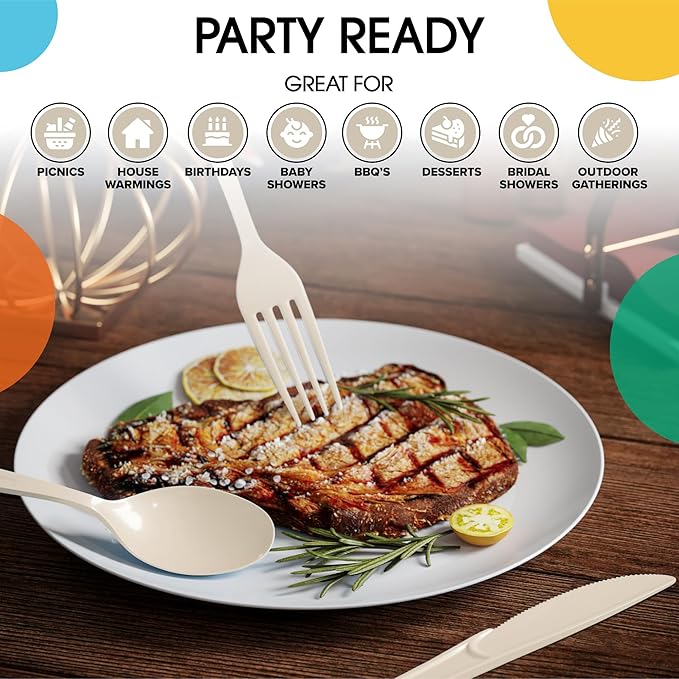 Party Solids Ivory Plastic Silverware Heavy Duty 150 Pieces Ivory Plastic Cutlery Sets, Utensil Sets, 50 Of Each Forks, Knives & Spoons Disposable Cutlery Set, Flatware Set For Party Supplies