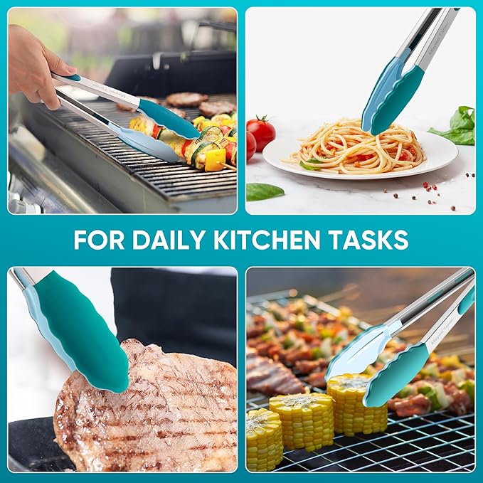600℉ Heat Resistant Kitchen Tongs for Cooking with Silicone Tips,12-Inch Stainless Steel Locking Cooking Tongs Food Tongs for BBQ,Cooking,Salad and Serving Food,Heavy Duty,Non-Stick (Turquoise)