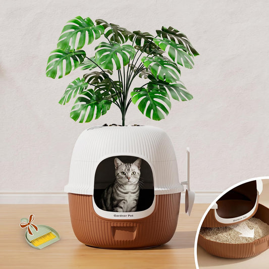 Hidden Cat Litter Box with Faux Plant & Scoop, Drawer Decorative Litter Box Enclosure with Odor Controlled Carbon Filter, Effortless Refilling, Scooping & Cleaning, Leak-Proof Design, Brown