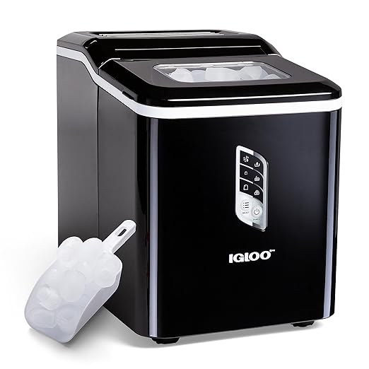 Igloo Handled Portable Ice Maker with Scoop - Ice Maker with LED Control Panel & 1 Quart Water Tank - Ice Cube Maker Produces 26 Lbs. of Ice in 24 Hours with 9 Large or Small Cubes In 7 Minutes- Black