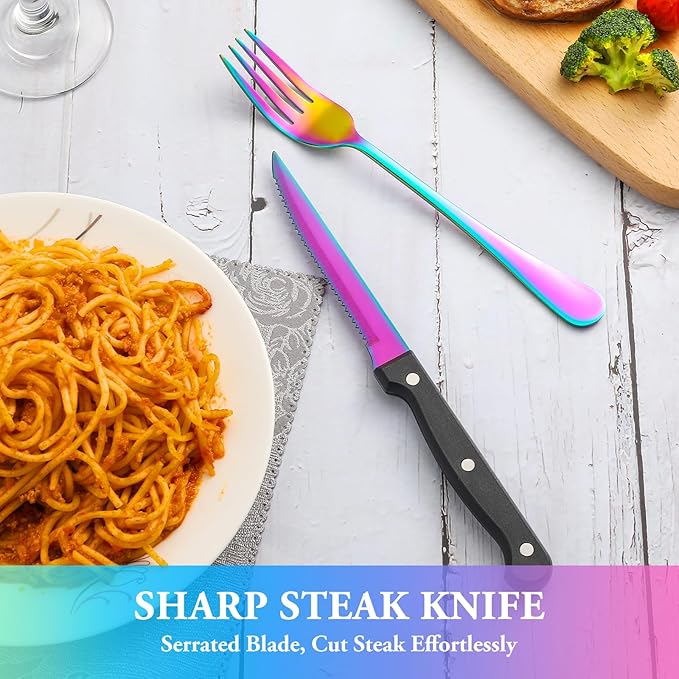 36 Pcs Rainbow Silverware Set with Steak Knives Service for 6,Stainless Steel Flatware Set,Mirror Polished Cutlery Utensil Set, Kitchen Eating Tableware,Include Fork Knife Spoon Set,Dishwasher Safe