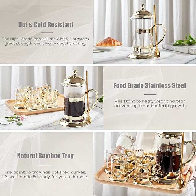 DUJUST Gold French Press Set with 6 Cups & 1 Tray, Luxury Design Coffee Maker Set with 4-Level Filter System, Hot&Cold Resistant Glass French Coffee Press Set, Well Packed, Holiday Gift & Home Décor