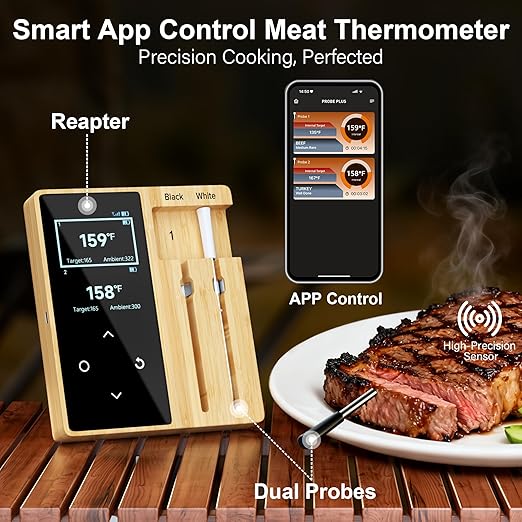 Niitawm Bamboo Dual Probe Wireless Meat Thermometer, Bluetooth Meat Thermometer Digital Wireless App, Long Range Temp Air Fryer Thermometer, Oven Thermometer, Food Grilling Accessories, Cooking Gifts