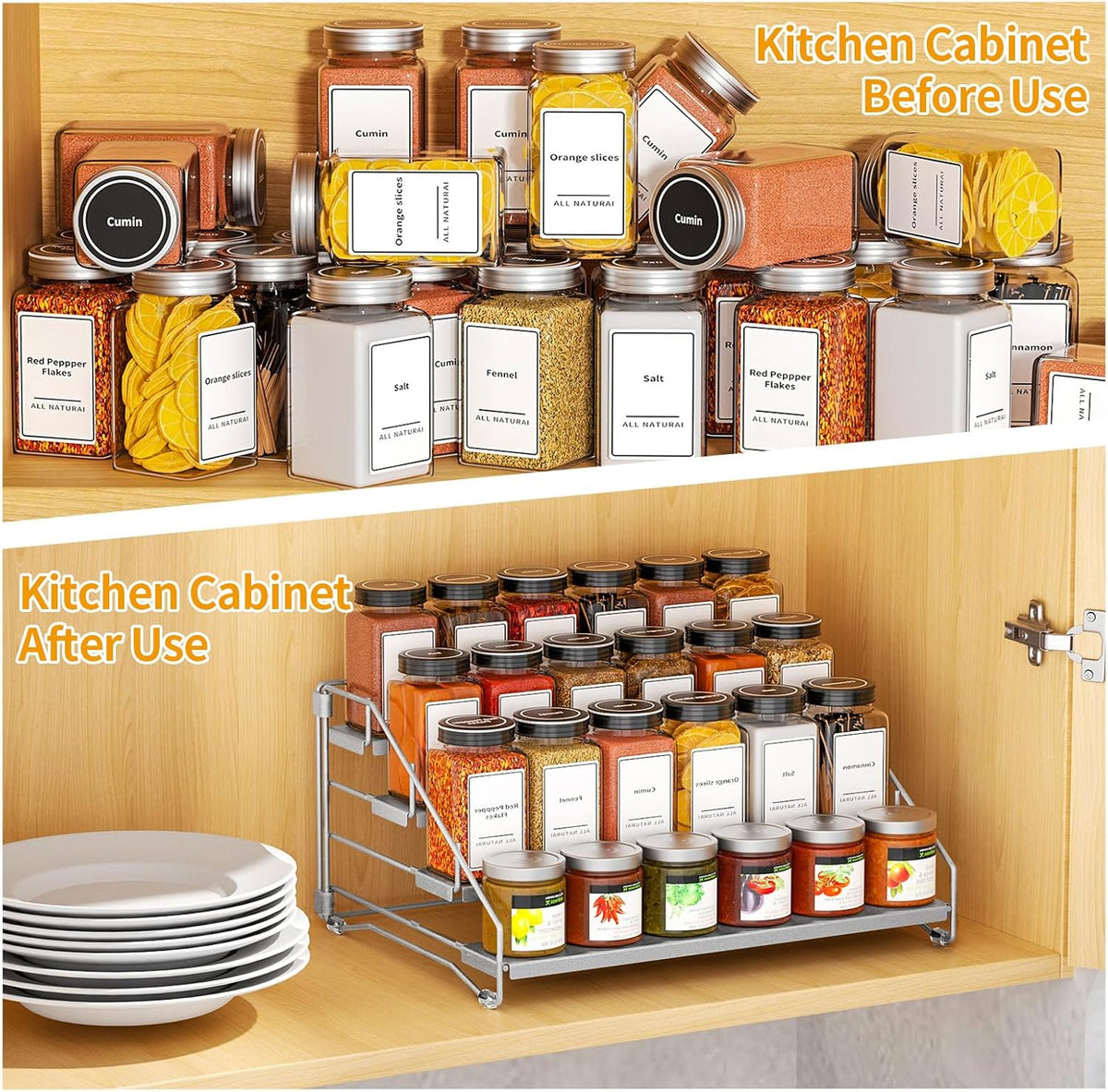 4 Tier Spice Rack for Cabinet, Spice Rack Organizer, Depth Adjustable Spice Organizer for Countertop, Cupboard, Pantry, Seasoning Shelf, Metal, Gray (1 Pack)