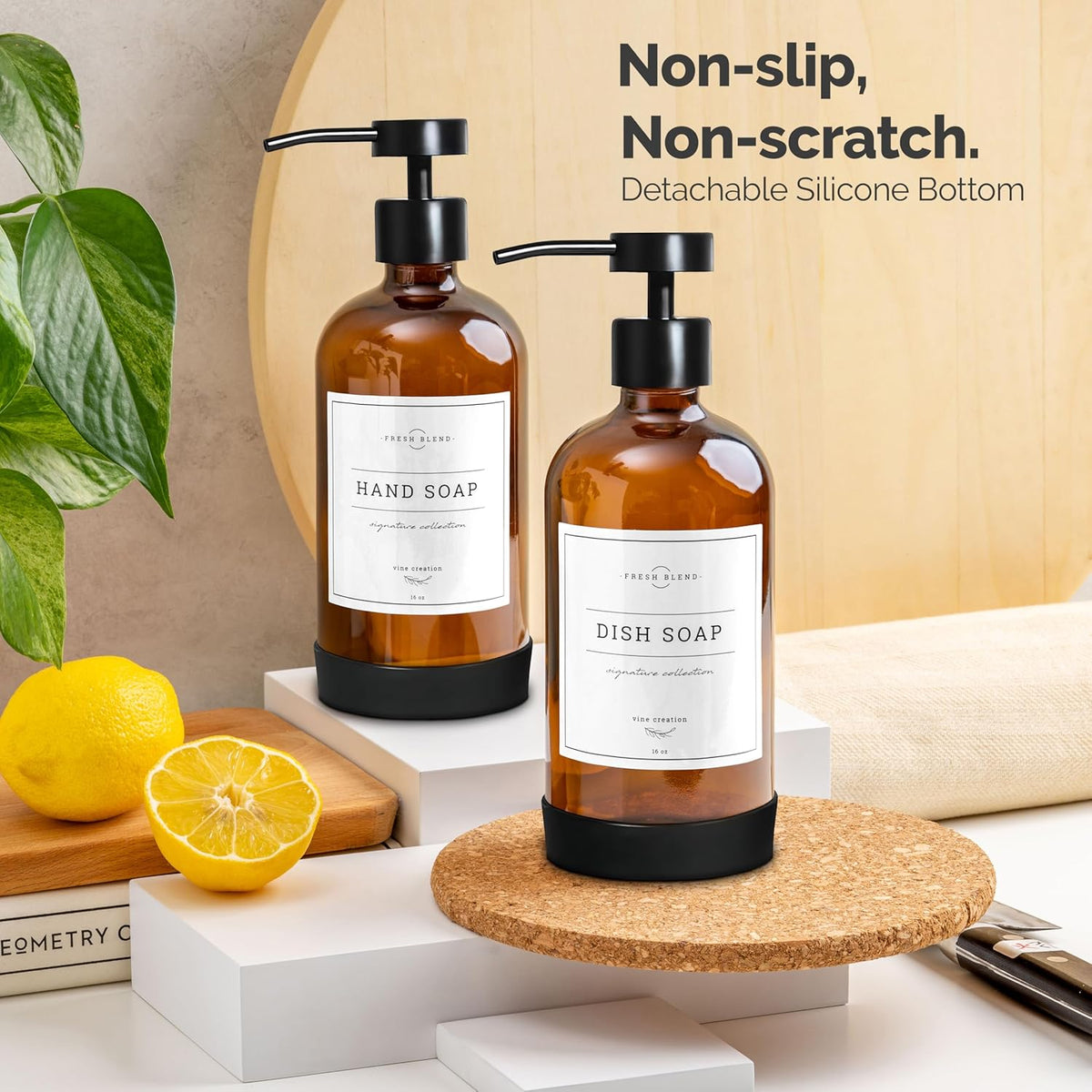 Vine Creations Amber Glass Soap Dispenser Set - Kitchen Soap Dispenser Set with Stainless Steel Pump - 16 oz Dish Soap and Hand Soap Dispensers for Bathroom with Silicone Pad & Waterproof Labels