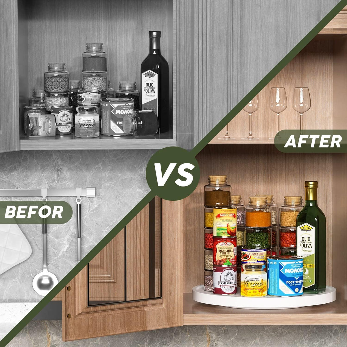 White Lazy Susan, 13.2 Inch Non-Skid Bamboo Turntable for Kitchen Table Cabinets and Closets, Wood Organizer for Kitchen Countertop