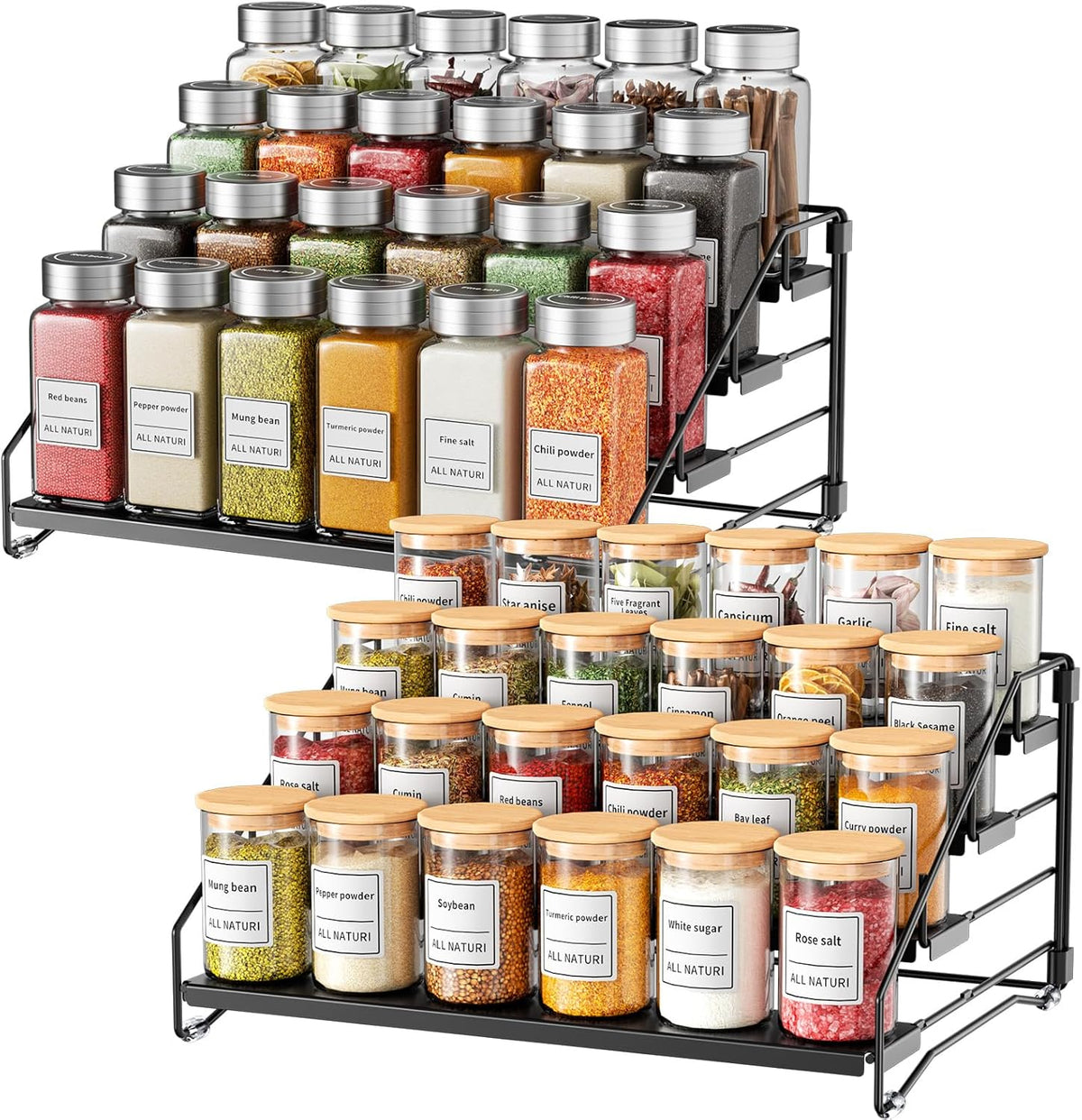 RCHYFEED Spice Rack Organizer for Cabinet Pantry,4 Tier Spice Rack Countertop,Tierd Spice Organization Easy Visibility, Depth Adjustable Seasoning Organizer for Cabinet (Black, 2Pack)
