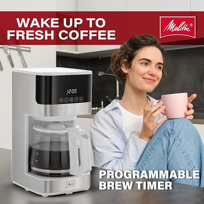 Melitta Aroma Tocco Glass Drip Coffee Maker | Programmable Coffee Machine | Glass Carafe Coffee Pot | 10 Cup Coffee Maker | Touch Control Panel | Stainless Steel accented | White