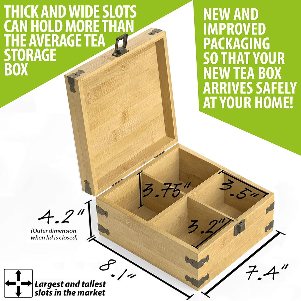 Bamboo Tea Organizer Box Chemical Free Eco-Friendly Big, Tall, Adjustable Cubbies Natural Wooden Storage Chest (4-Slot Square 7.4" x 8.1" x 4.2")