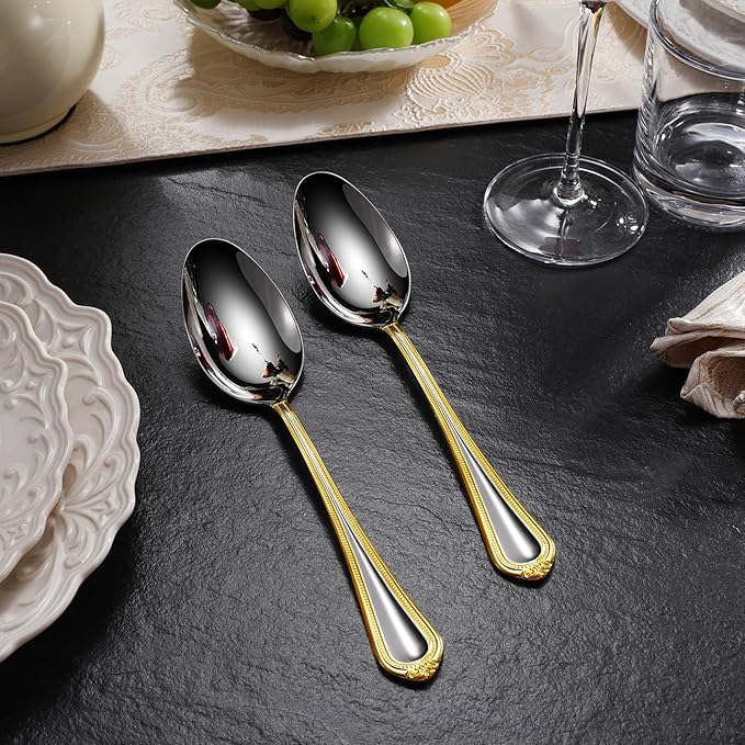 KEAWELL Pearl Edge 4-Piece Premium Spoon Set, 18/10 Stainless Steel, Fine Silverware Spoons with Refined Bead Design, Brightly Polished, Dishwasher Safe (Gold Accent, 9" Serving Spoons)