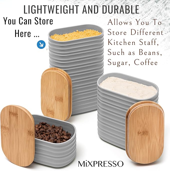 Mixpresso Gray Canisters Sets for the Kitchen – 3-Piece Airtight Plastic Sugar Container Set with Bamboo Lids in Three Different Sizes – Decorative Modern Storage Jars for Coffee, Tea & Countertops