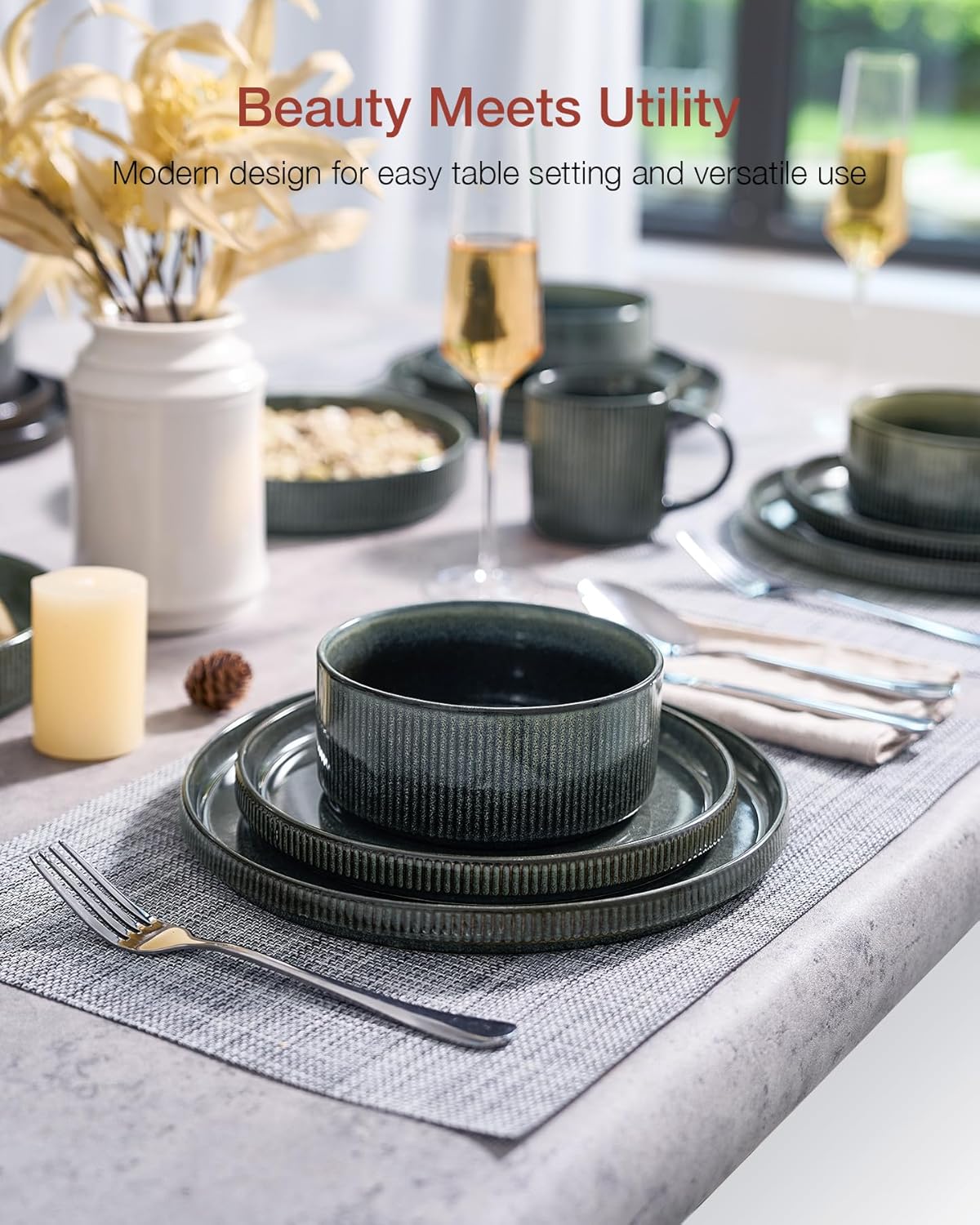 Famiware Star Dinnerware Set, Plates and Bowls Sets for 8 (24pcs), Ribbed Stoneware Dishes - Chip & Scratch Resistant, Microwave & Dishwasher Safe, Deep Forest
