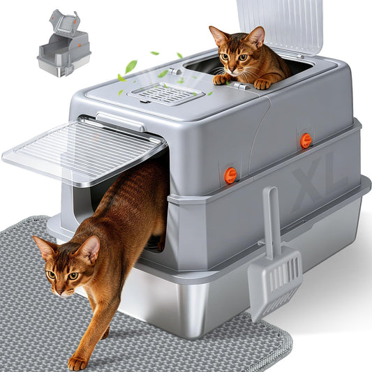 Enclosed Stainless Steel Litter Box, XL Covered MetalPan Includes Mat Scoop