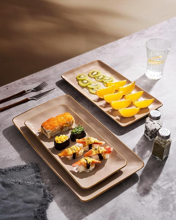 famiware Serving Platter, Rectangular 15.67/14.1/12.6 inch Serving Dishes for Entertaining, Microwave Dishwasher Safe, Stonware Serving Trays for Party, Turkey, Cheese, Ocean Series, Cinnamon Brown