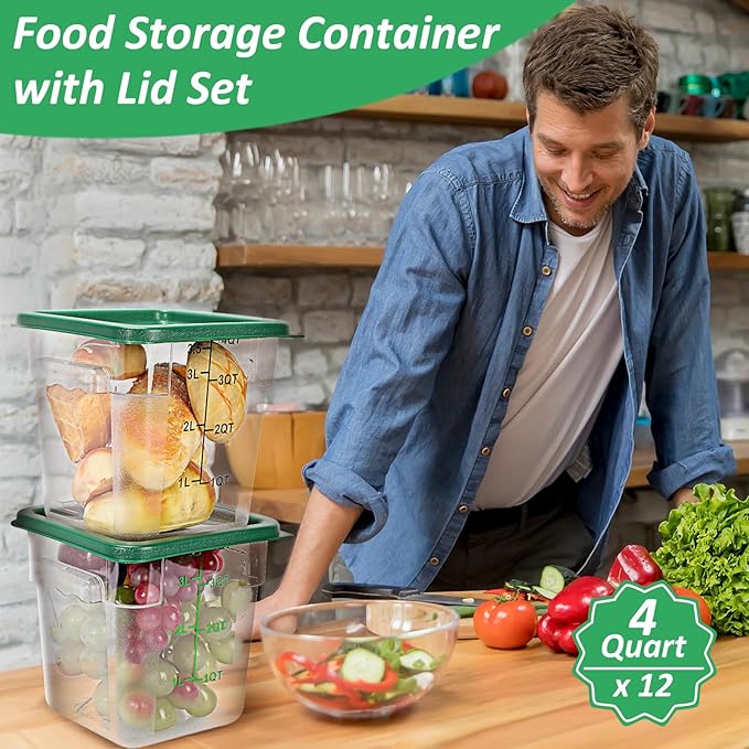 Yungyan 12 Pcs 4 Qt Commercial Food Storage Containers with Lids Restaurant Square Airtight Food Storage Containers Clear Cereal Containers for Kitchen Freezer Dishwasher Pantry(Green Lid)