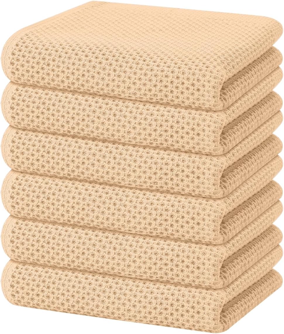 Homaxy 100% Cotton Waffle Weave Kitchen Dish Towels, Ultra Soft Absorbent Quick Drying Cleaning Towel, 13 x 28 Inches, 6-Pack, Apricot