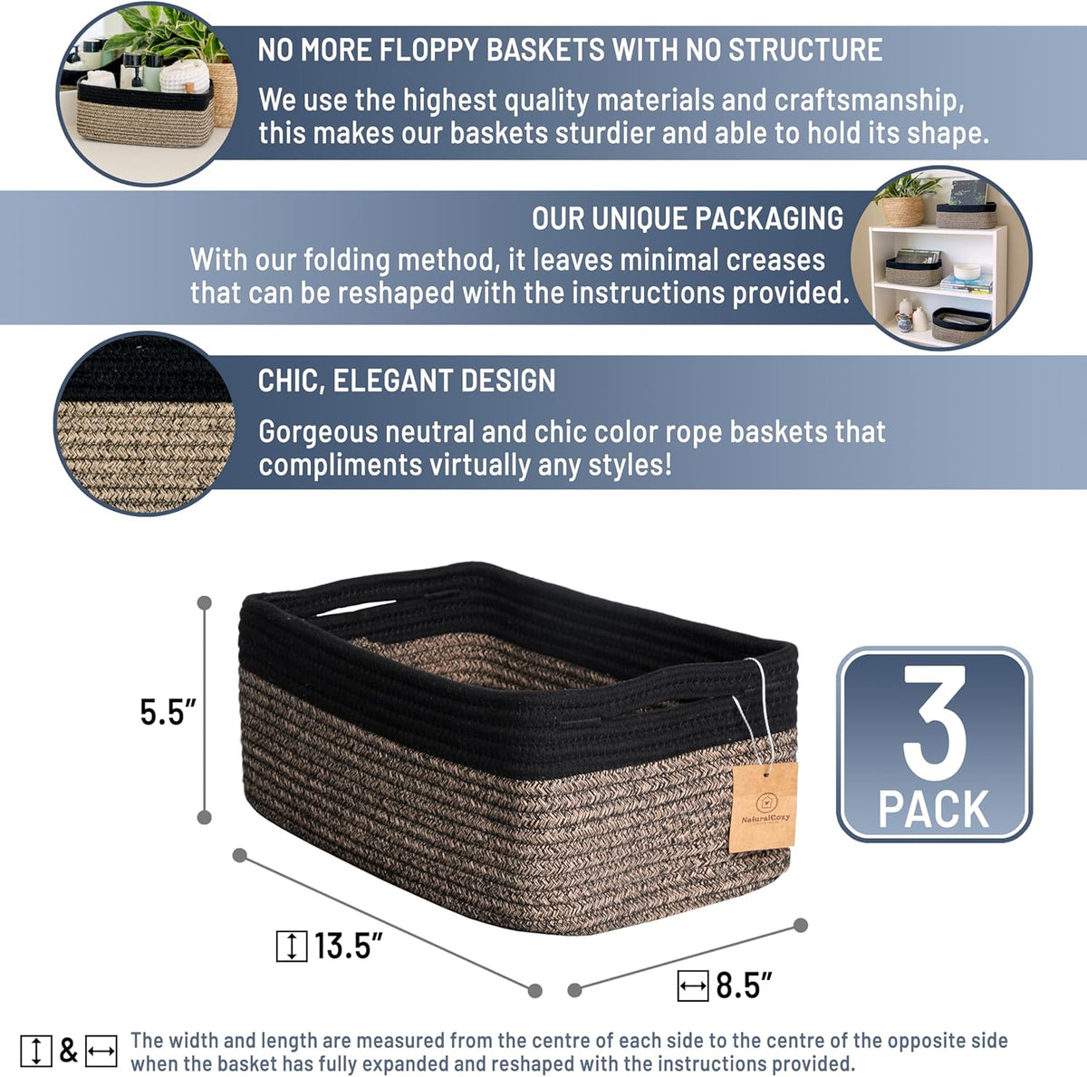 NaturalCozy 13.5”x8.5”x5.5” Rectangle Storage Baskets for Shelves 3 Pack | Cotton Rope Woven Small Baskets for Organizing | Small Storage Bins for Nursery, Bathroom, Closet, Shelf, Decorative