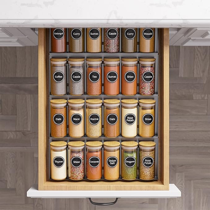 SpaceAid 24 Pcs Spice Jars with Bamboo Lids and Labels, Empty 4oz Glass Bottles, Minimalist Farmhouse Stickers with Funnel, Seasoning Containers for Spice Rack, Cabinet and Drawer