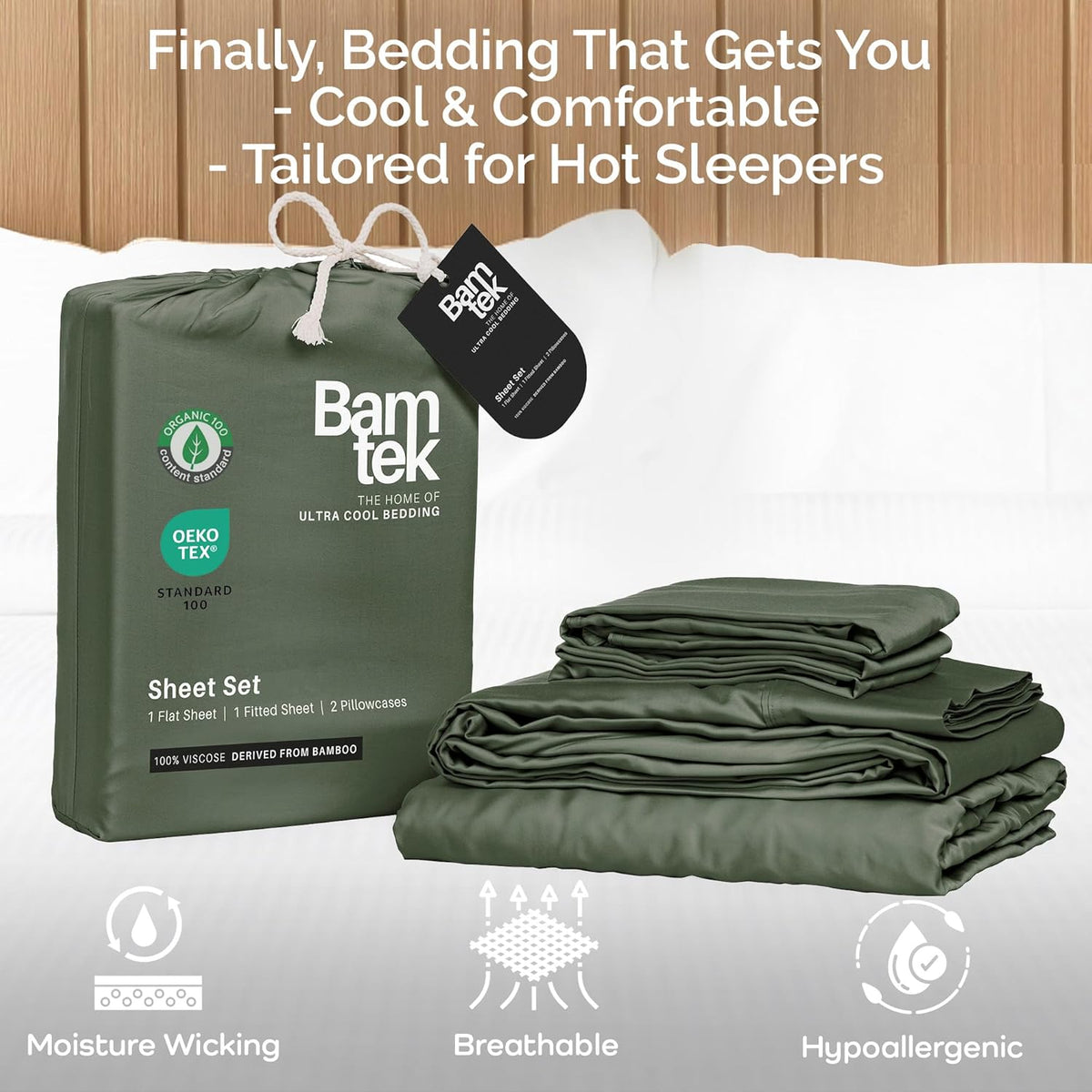 100% Viscose from Bamboo Sheets Full Size, Super Soft Bedding Set, 4PC Cooling Sheets for Hot Sleepers, Vegan Silk Moisture Wicking, Organically Grown Bedsheet, Moss - 54" x 75"