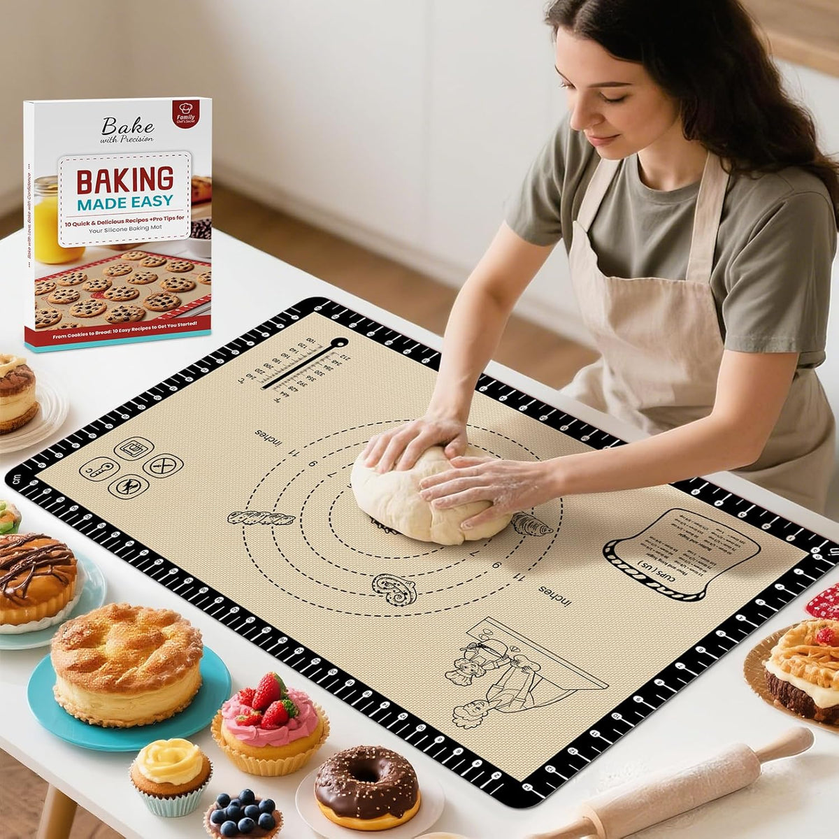 Extra Thick Silicone Baking Mat with 10 Easy Recipes,Silicone Mat for Baking, Non Stick Pastry Mat for Dough Rolling, Macaron, Cookie, bread, Pizza, Fondant/Pie Crust, Oven& Dishwasher Safe
