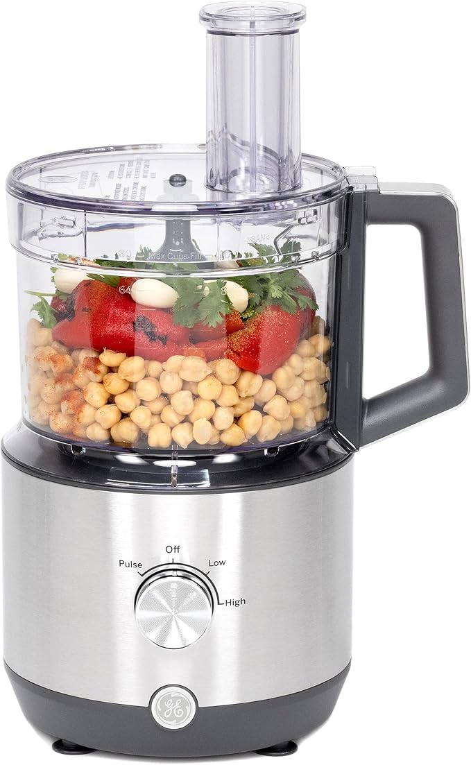 GE Food Processor | 12 Cup | Complete With 3 Feeding Tubes & Stainless Steel Accessories - 3 Discs + Dough Blade | 3 Speed | Great for Shredded Cheese, Chicken & More | Kitchen Essentials | 550 Watts