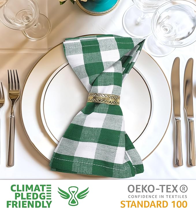 Urban Villa Cotton Dinner Napkins Set of 6, Highly Absorbent 20x20 Inches Premium Cloth Napkins Hotel Quality Reusable & Washable Table Dinner Napkins for Home & Weddings - Hunter Green/White, Checks