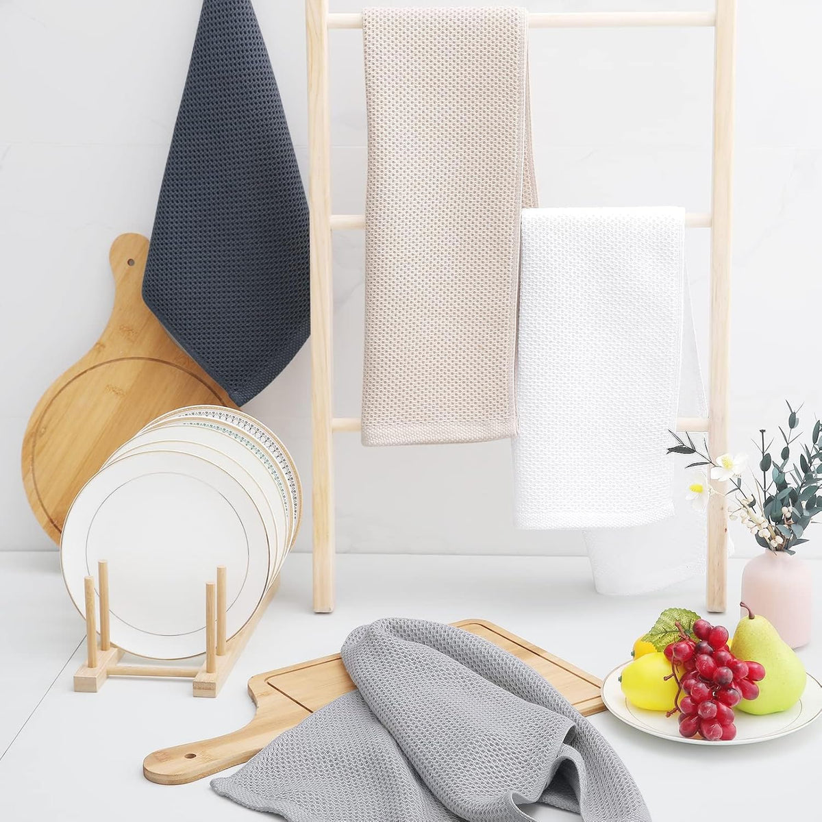Homaxy 100% Cotton Waffle Weave Kitchen Dish Towels, Ultra Soft Absorbent Quick Drying Cleaning Towel, 13 x 28 Inches, 4-Pack, White