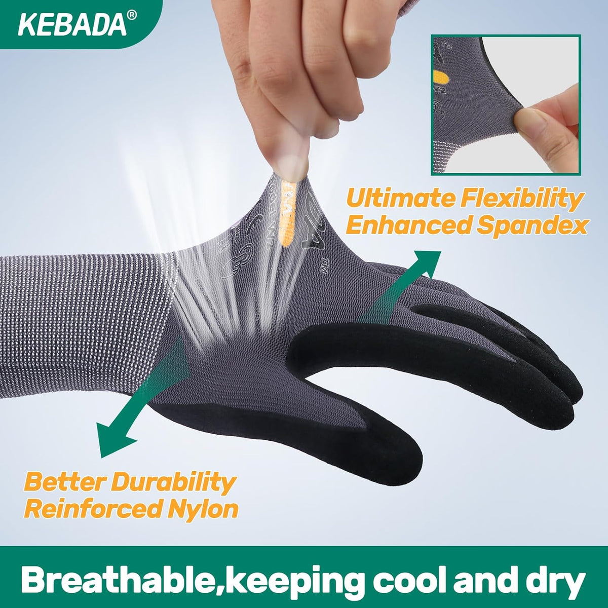 Kebada W2 Safety Work Gloves, Micro-Foam Nitrile Coated Gloves, Touchscreen,Ideal for Package Handling, Gardening, Construction, 1 Pair Medium