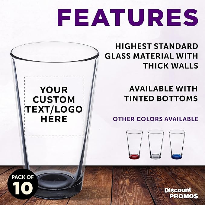 Custom Libbey Pint Glass 16 oz. Set of 10, Personalized Bulk Pack - Beer Glasses, Heavy Duty Drinkware - Black