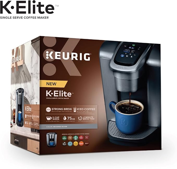 Keurig K-Elite Single Serve K-Cup Pod Coffee Maker, with Strength and Temperature Control, Iced Coffee Capability, 8 to 12oz Brew Size, Programmable, Brushed Silver