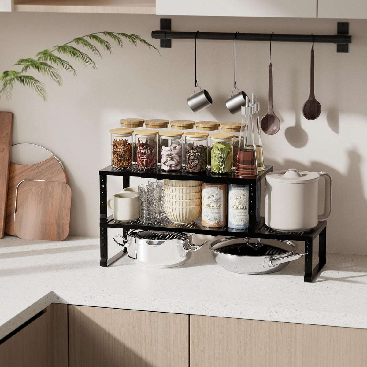 Expandable Spice Rack & Kitchen Cabinet Organizer - Stackable, Adjustable Shelves for Cabinets, Countertops, Cupboards & Pantries(1 Pack/Medium/Black)