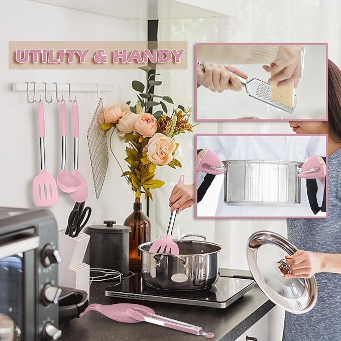 E-far Silicone Cooking Utensils Set, 30 Pcs Heat Resistant Kitchen Utensils with Stainless Steel Handle, Heat Resistant Kitchen Spatulas Turner Tong Spoon Whisk Ladle for Nonstick Cookware, Pink