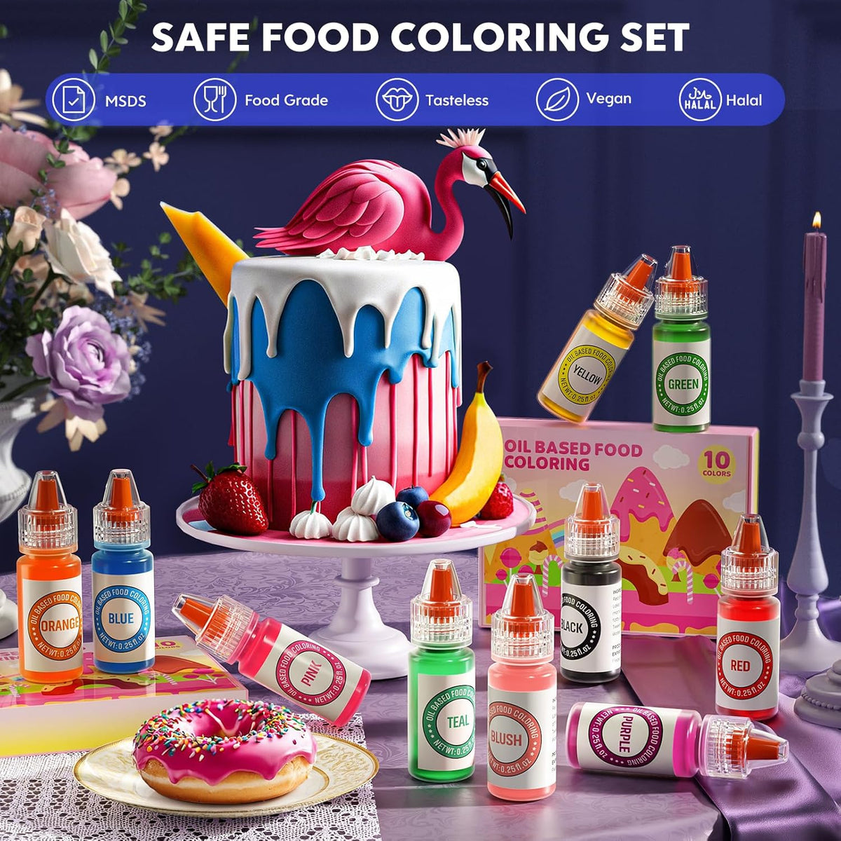 Oil Based Food Coloring for Chocolate 10 Colors Edible Food Dye for Sugar Candy Melts Oil Frosting Icing Dye for Backing Cookies Fondant Food Color for Cake Decorating - 0.25 Fl. Oz/Bottles