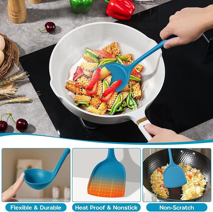 Onader Silicone Cooking Kitchen Utensils Set of 6, Navy Blue Kitchen Utensils Gadgets Set for Nonstick Cookware, Non Toxic & Dishwasher Safe