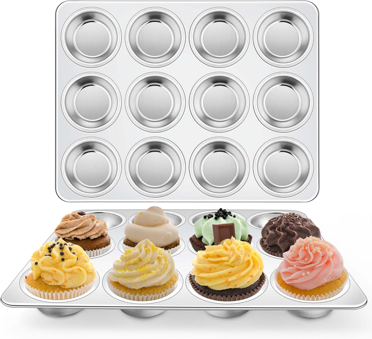 Homikit 2 Pack Muffin Pan, Stainless Steel Cupcake Tin with 12 Cups Regular Size, 13.8" x 10.4" Nonstick Metal Egg Bites Tray for Oven Baking, Non Toxic & Rust Free, Easy Release & Dishwasher Safe