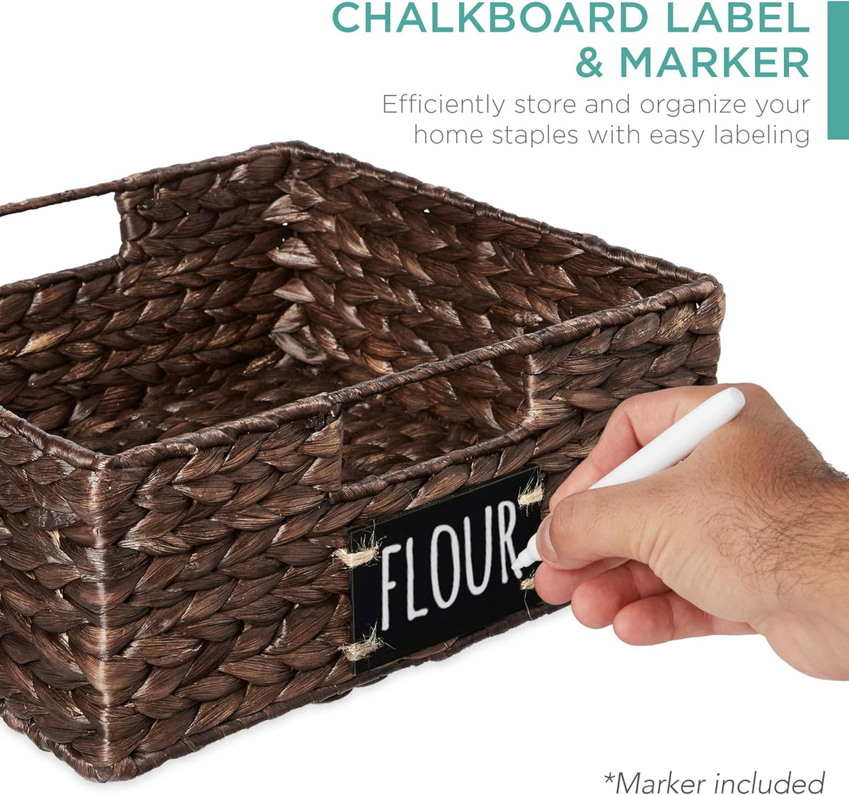 Best Choice Products Set of 4 13x12in Water Hyacinth Pantry Baskets, Woven Organizers w/Chalkboard Label, Chalk Marker - Brown