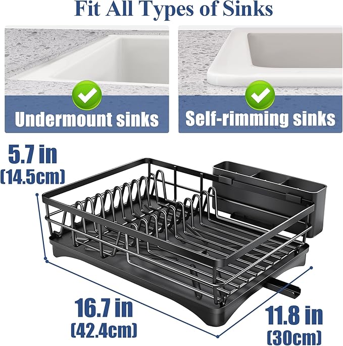 SNTD Dish Drying Rack for Kitchen Counter - Large Dish Rack with Drainboard, Rustproof Dish Drainer with Utensil Holder for Sink, Black