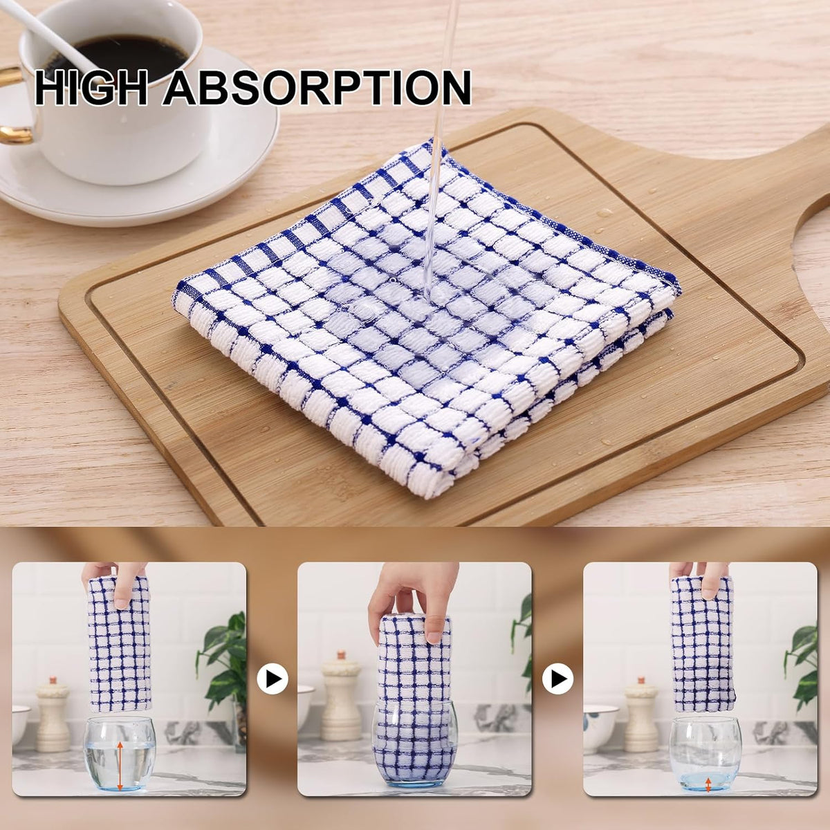 Kitinjoy Cotton 12 Pack Kitchen Towels and Dishcloths Sets, 16 x 25 Inch & 12 X 12 Inch Dish Towels Bulk, Super Soft and Absorbent Hand Towels for Kitchen Drying, Blue