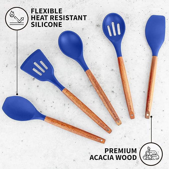 Zulay Kitchen Non-Stick Silicone Cooking Utensils Set with Acacia Wood Handles - 5 Piece Set - Heat Resistant to 464F - Dark Blue