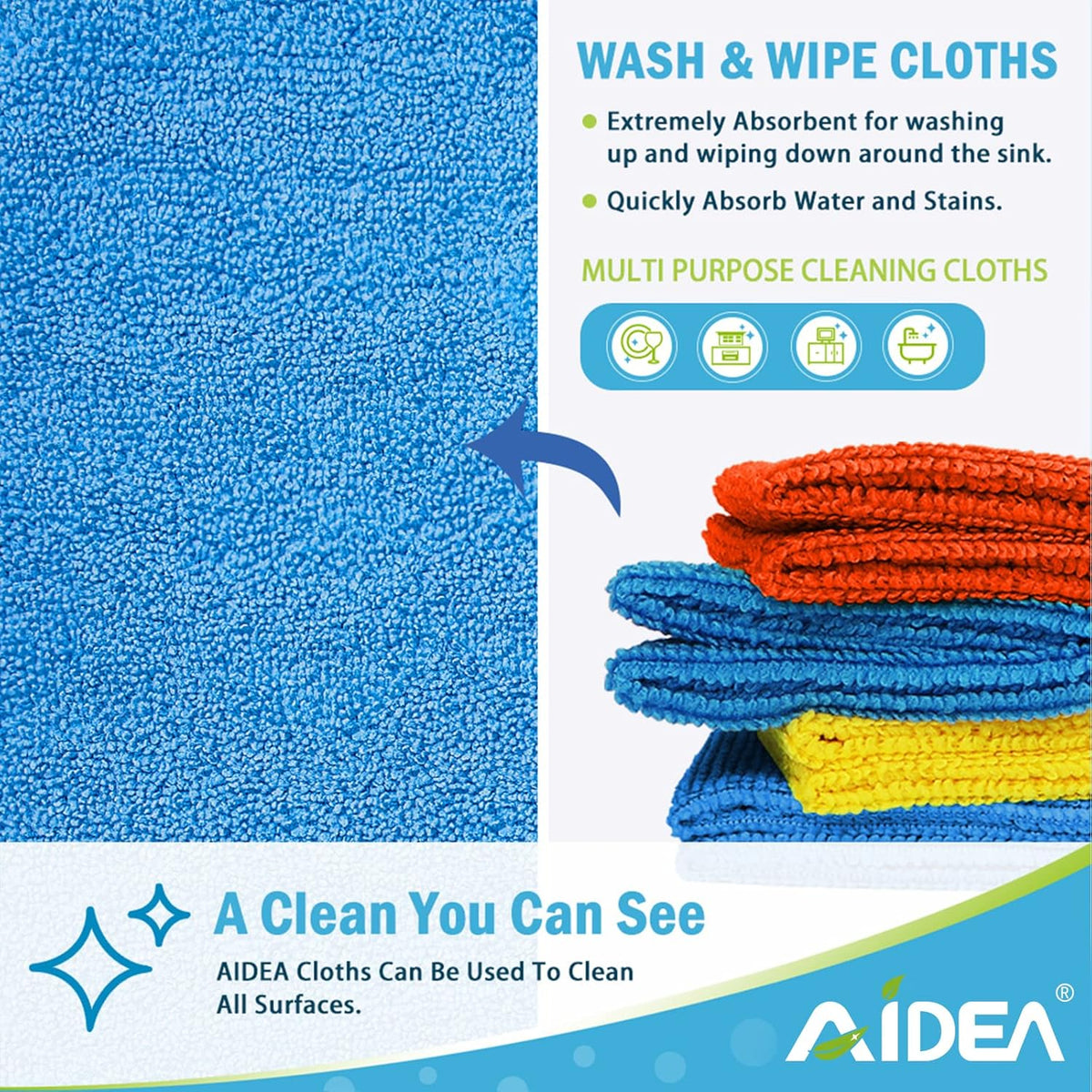 AIDEA Microfiber Cleaning Cloth 8PK, Dusting Cloth Drying Towel, All Purpose Soft Absorbent, Lint Free Rags, Streak Free Wash Cloth for House, Kitchen, Car, Window, 12"×12"