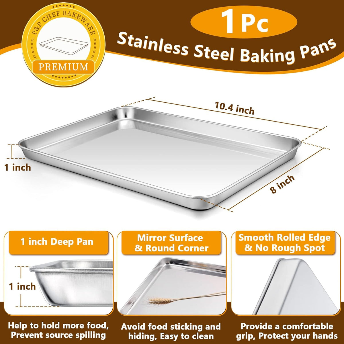 P&P CHEF 10.4 Inch Baking Sheet Pan with Rack Set, Stainless Steel Cookie Sheet Pan Tray with Cooling Rack for Oven Use, Cooking Roasting, Non Toxic & Dishwasher Safe, Heavy Duty
