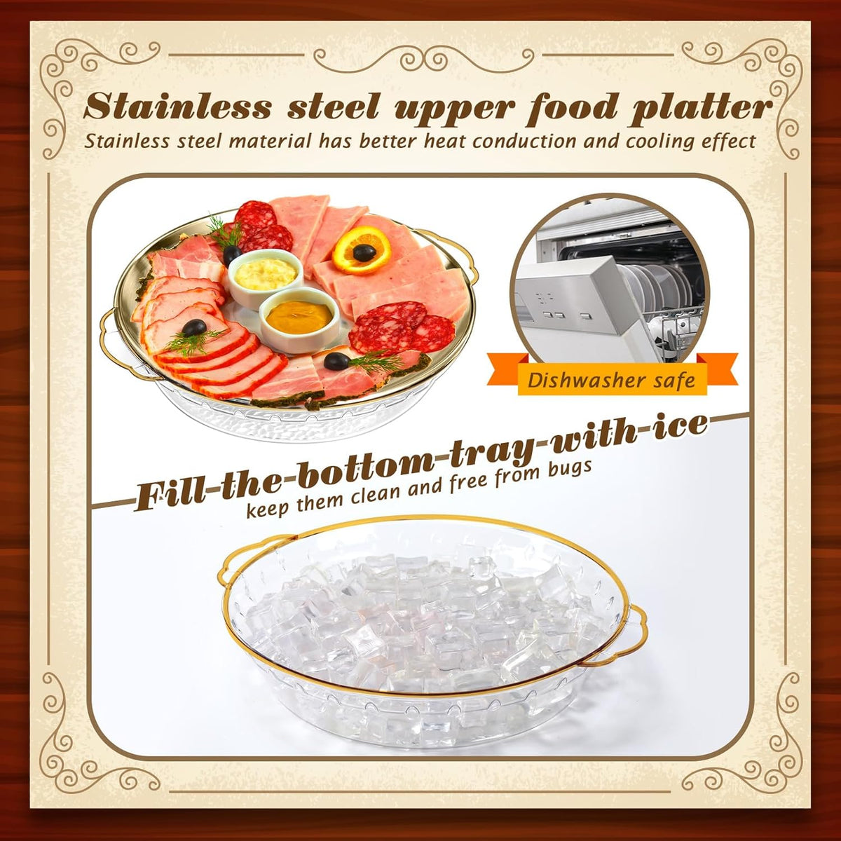 Baderke 9 Set 11.8" Chilled Serving Tray for Parties with Compartments Ice Chilled Party Platter Charcuterie Serving Board Cold Dish Dip for Fruit Seafood Vegetable Shrimp Cocktail (Gold)