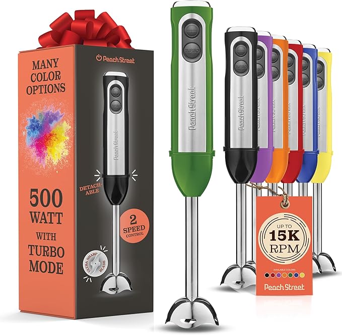 Powerful Immersion Blender, Electric Hand Blender 500 Watt with Turbo Mode, Detachable Base. Handheld Kitchen Blender Stick for Soup, Smoothie, Puree, Baby Food, 304 Stainless Steel Blades (Green)