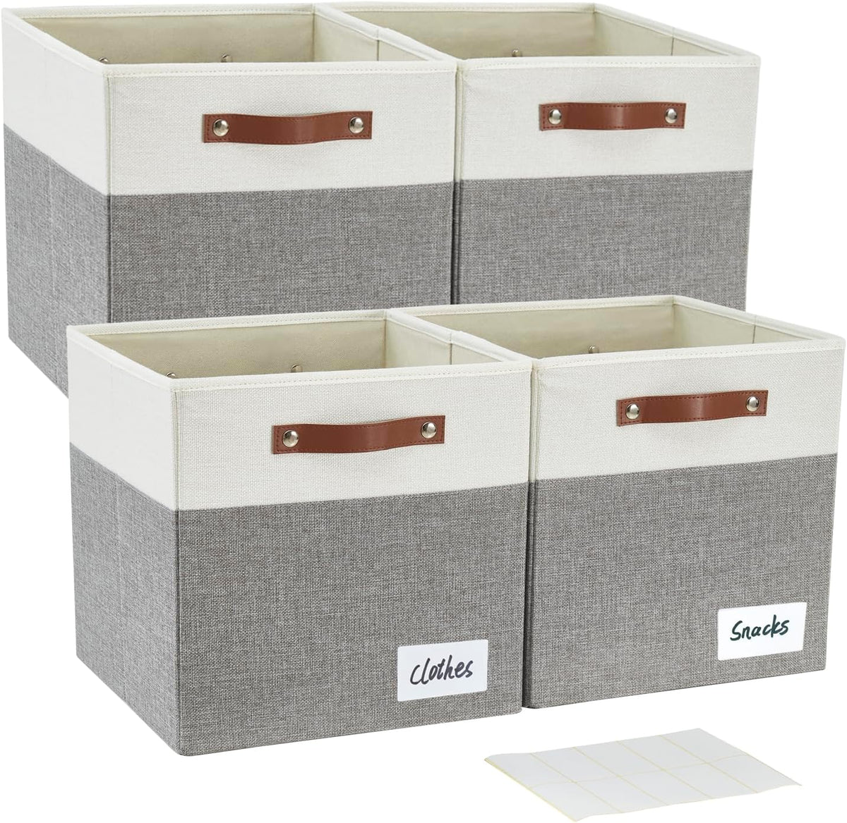 Collapsible Fabric Storage Cube Bins with 2 Reinforced PU Handles, Foldable Storage Organizer Baskets for Closet, Shelves, Living Room | 13"x13"x13", 4 Pack, Gray & White